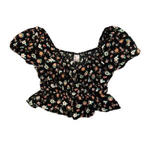 No Boundaries Black Floral Print Cropped Blouse Womens Size M